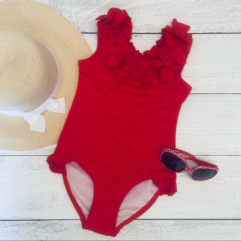 Janie & Jack Girls Red Bows/Ruffle One Piece Swimsuit Size 4